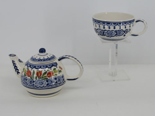 delft ceramic tea for one set in red tulip painting.