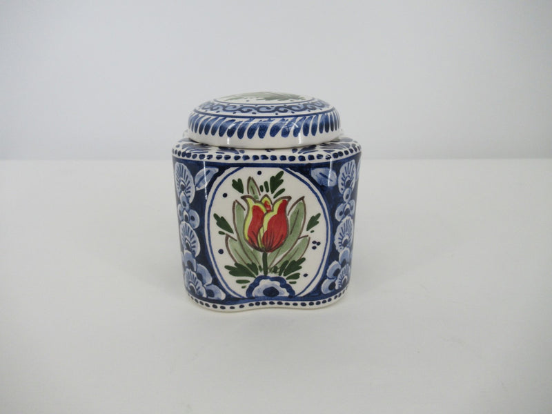 Handpainted tea caddy with red tulips.