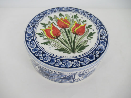 Handpainted ceramic cookiesbox with red tulips.