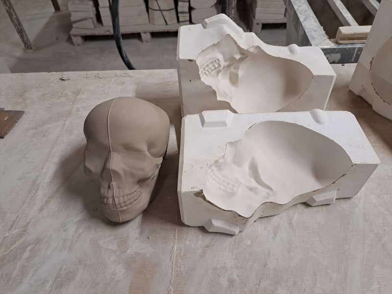 Ceramic skull, just cast and releasedm from its mould.