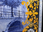 Delft tilepanel with canalview Amsterdam handpainted in delftblue and gold
