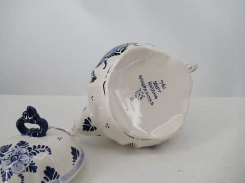 Delftsblauwe geribbelde theepot met molenmotief