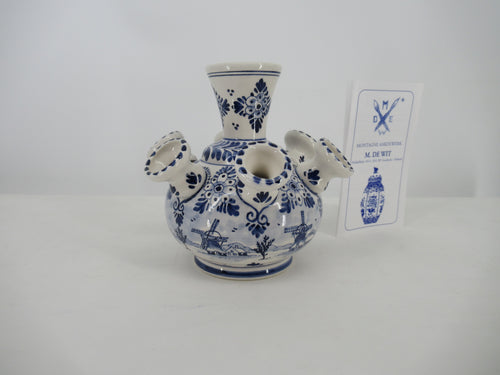  small 7 fingeredDelft  tulip vase with 5 different windmills painted on it.