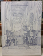 just painted delftblue plaque depicting church interror before glazing