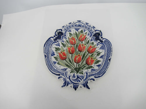 Delftplaque with a bright painted red tulip bouquet