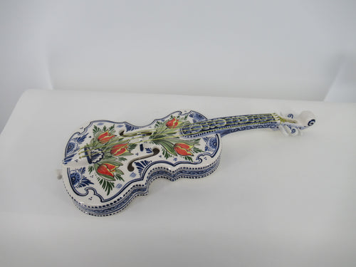 ceramic violin in delftblue and red tulip design of 48cms lenght