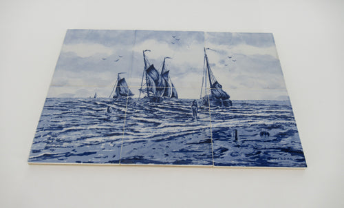 Delftblue tile panel with replica of Mesdag painting with fisherman