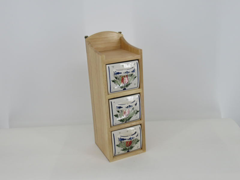 Handpainted Kitchen rack with three ceramic drawers in red tulip design