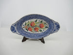 Delftblue dish oval, handpainted with red tuilp design