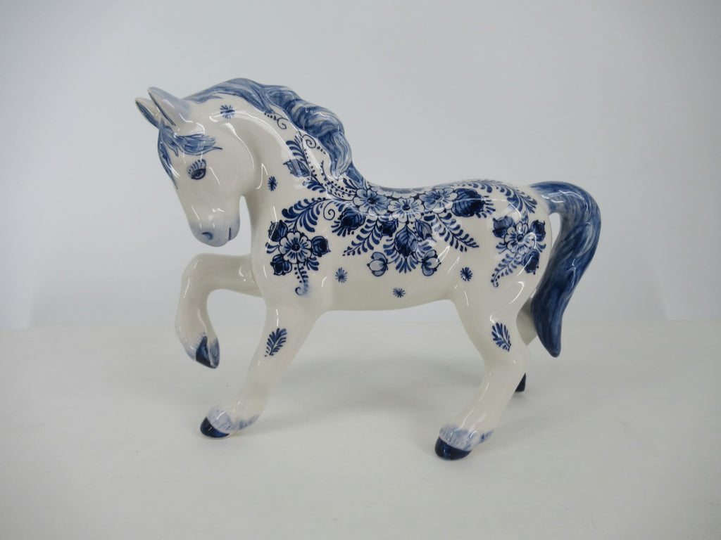 Delftblue ceramic frisian horse in floral delftdesign