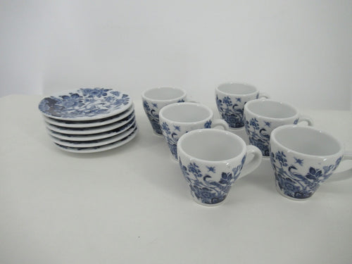 set of 6 delft porcelain cups and saucers in floral design.